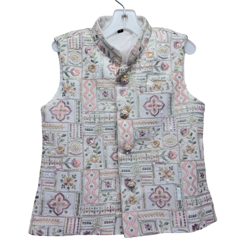 Kids Embroidered‎ Sequin Indian Waistcoat Koti Vest Floral Pastel Cream Size 4